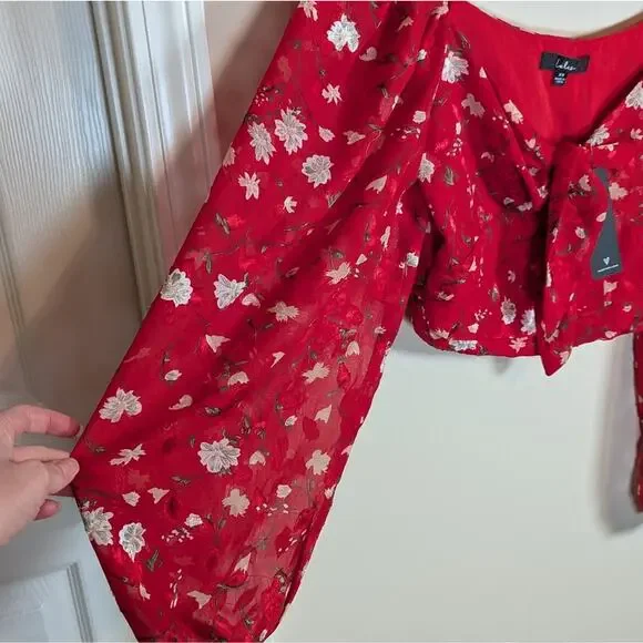 Lulu's red floral tie front long sleeve top - Picture 12 of 14